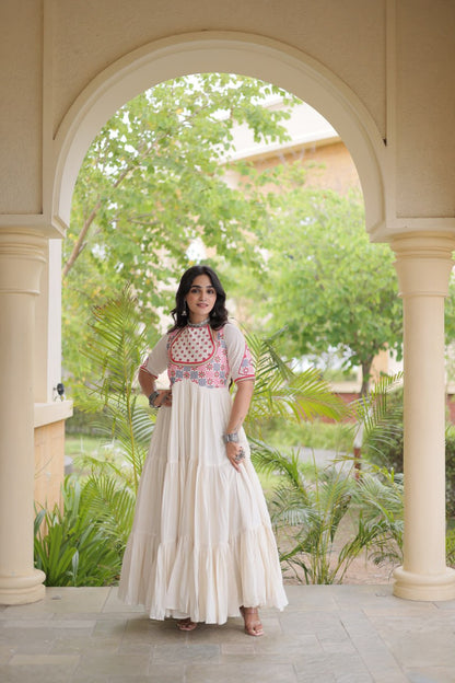 RangBhoomi Navratri Embroidered Kora Cotton Gown — 54" Festive Flair