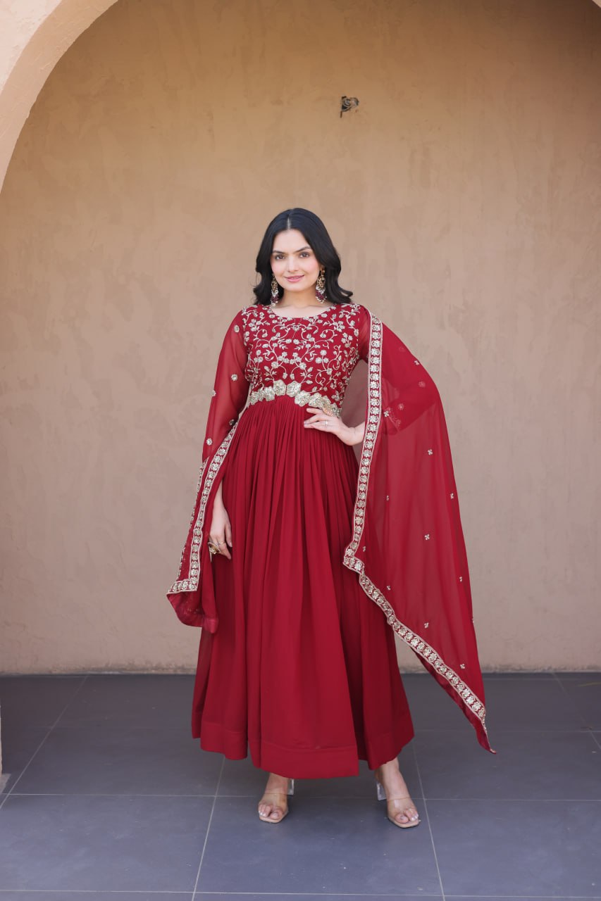 Elegant Gown and Dupatta Set with Embroidered Faux Blooming Fabric by RangBhoomi