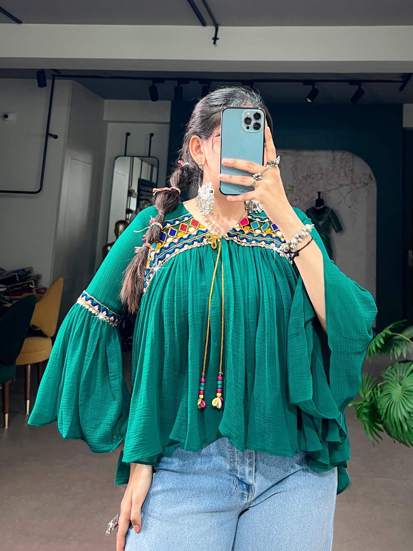 Garba Glam Top — Lightweight Mirror & Gamthi Lace Cape by RangBhoomi