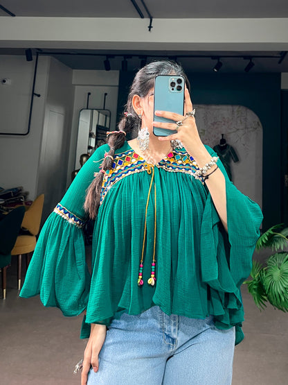 Garba Glam Top — Lightweight Mirror & Gamthi Lace Cape by RangBhoomi