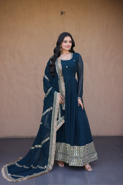 RangBhoomi Festive Faux Blooming Gown with Embroidered Dupatta - Rama & Maroon