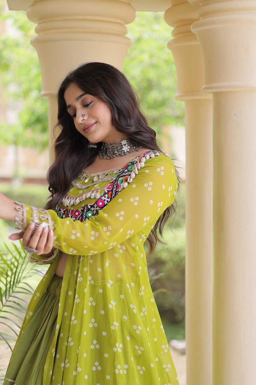 RangBhoomi Navratri 2026 Lehenga & Kurti Set – Kora Cotton Lehenga with Bandhni Faux Georgette Kurti (L, 40" Stitched)