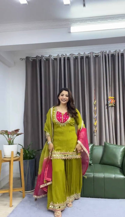 RangBhoomi Roman Glass Mirror-Work Ethnic Set — Fully Stitched Kurta, Palazzo & Kota Dupatta