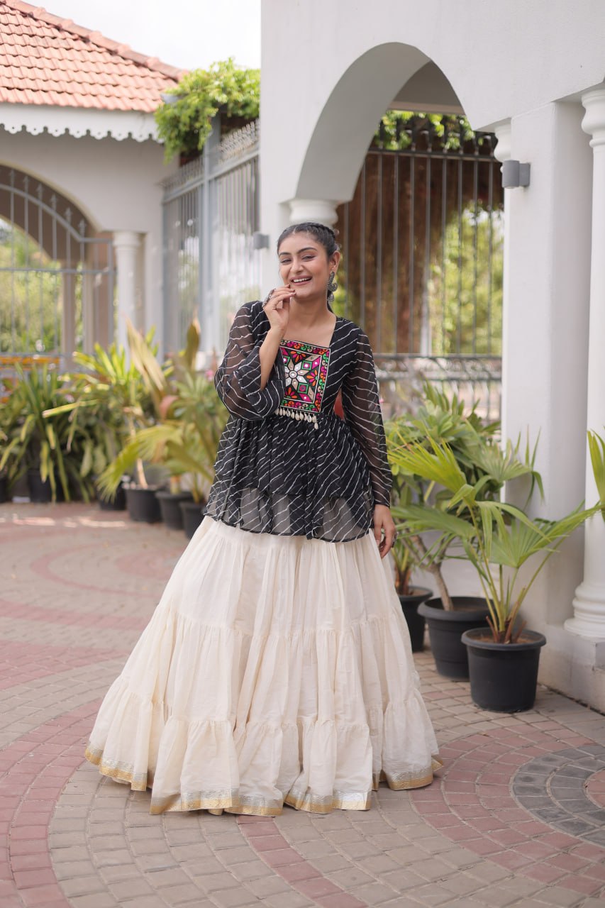 RangBhoomi Navratri Lehenga Choli Set — Kora Cotton Frill with Laheriya Print