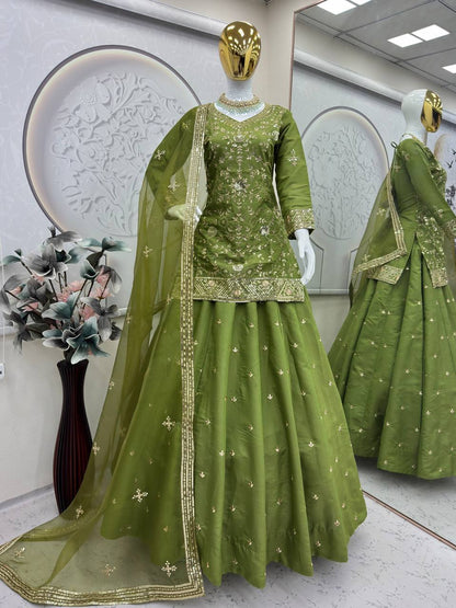 Exclusive Designer Party Wear Collection - Elegant Full-Stitched Shimmer Silk Lehenga Ensemble