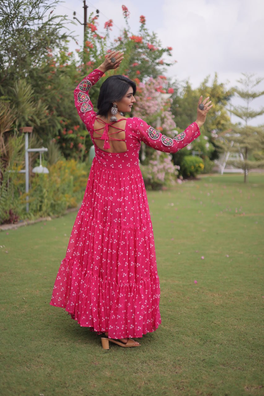 RangBhoomi Bandhani & Kutchi Patchwork Faux Georgette Gown — Full Sleeve, 12m Flair, Cotton Lining