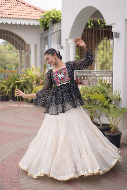 RangBhoomi Navratri Lehenga Choli Set — Kora Cotton Frill with Laheriya Print