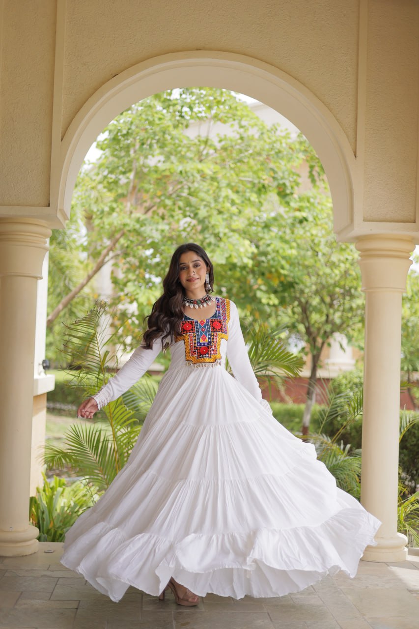 RangBhoomi Navratri Gown Collection 2026 — Wine, Rama & White Embroidered Mirror Work Gown