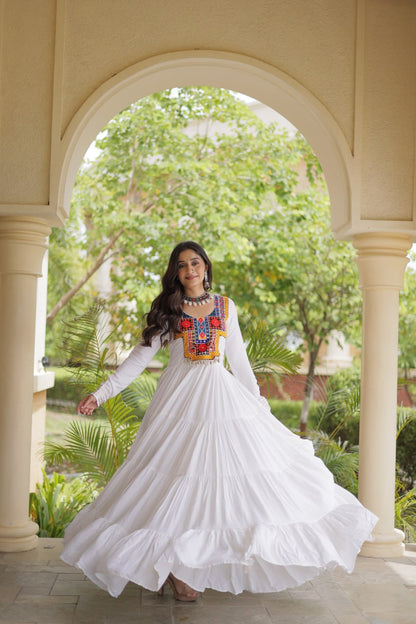 RangBhoomi Navratri Gown Collection 2026 — Wine, Rama & White Embroidered Mirror Work Gown