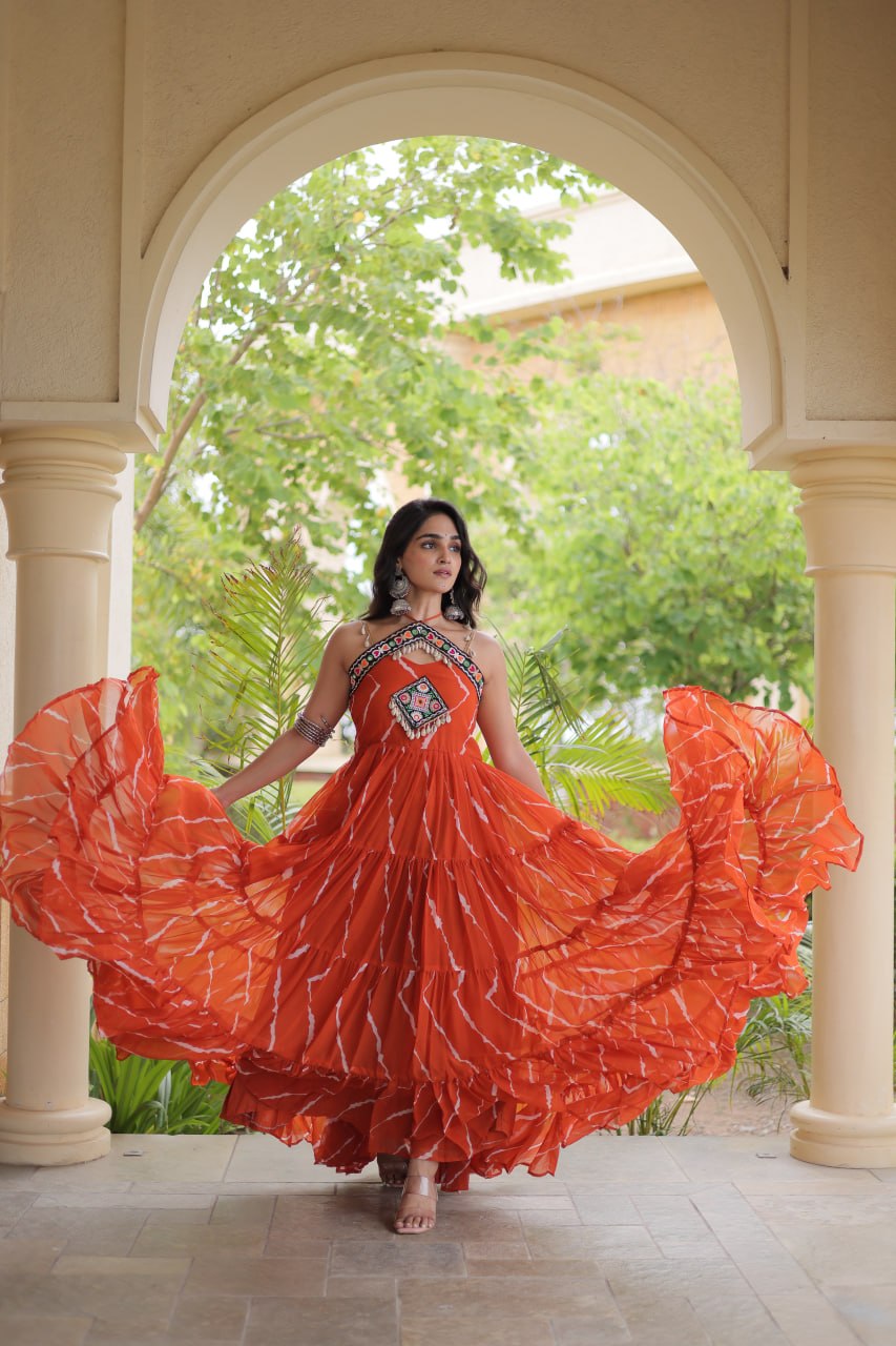 RangBhoomi Navratri Laheriya Patchwork Faux Georgette Gown - Sleeveless 56" Length, L (Adjustable 38-44)