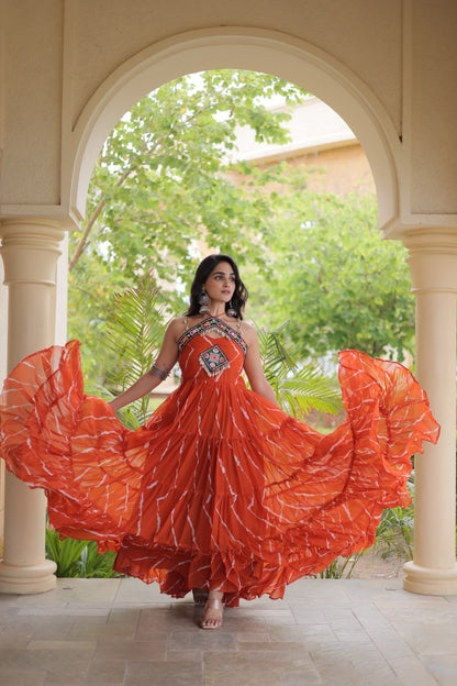 RangBhoomi Navratri Laheriya Patchwork Faux Georgette Gown - Sleeveless 56" Length, L (Adjustable 38-44)