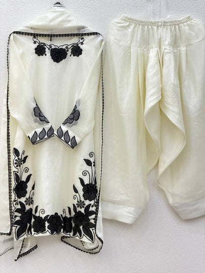 Elegant Women’s Ethnic Silk Ensemble with Embroidered Detailing and Ready-to-Wear Stitching