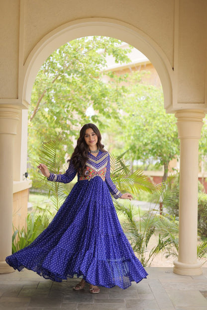 RangBhoomi Bandhani & Kutchi Patchwork Faux Georgette Gown — Navratri Special