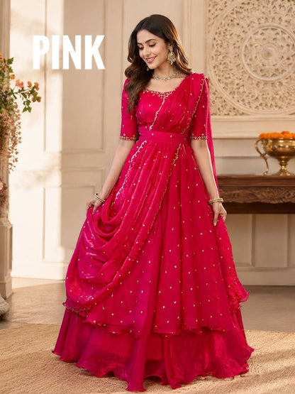 RangBhoomi Heavy Space Silk Double-Frill Lehenga Choli Set — Sequined Embroidery, Ready-to-Ship Rakshabandhan Special