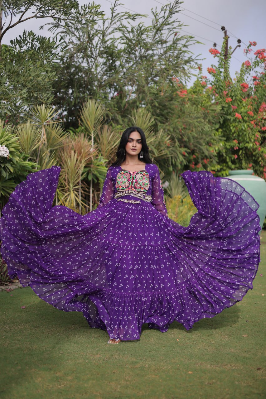 RangBhoomi Bandhani & Kutchi Patchwork Faux Georgette Gown — Full Sleeve, 12m Flair, Cotton Lining