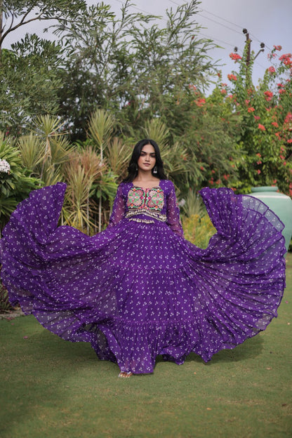 RangBhoomi Bandhani & Kutchi Patchwork Faux Georgette Gown — Full Sleeve, 12m Flair, Cotton Lining