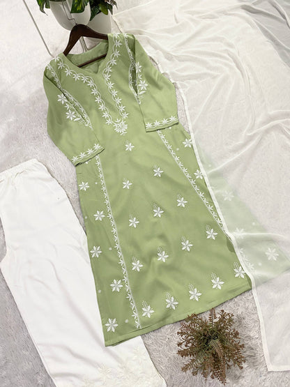 Elegant Summer Designer Chikankari Embroidered Rayon Top with Palazzo and Plain Georgette Dupatta Set