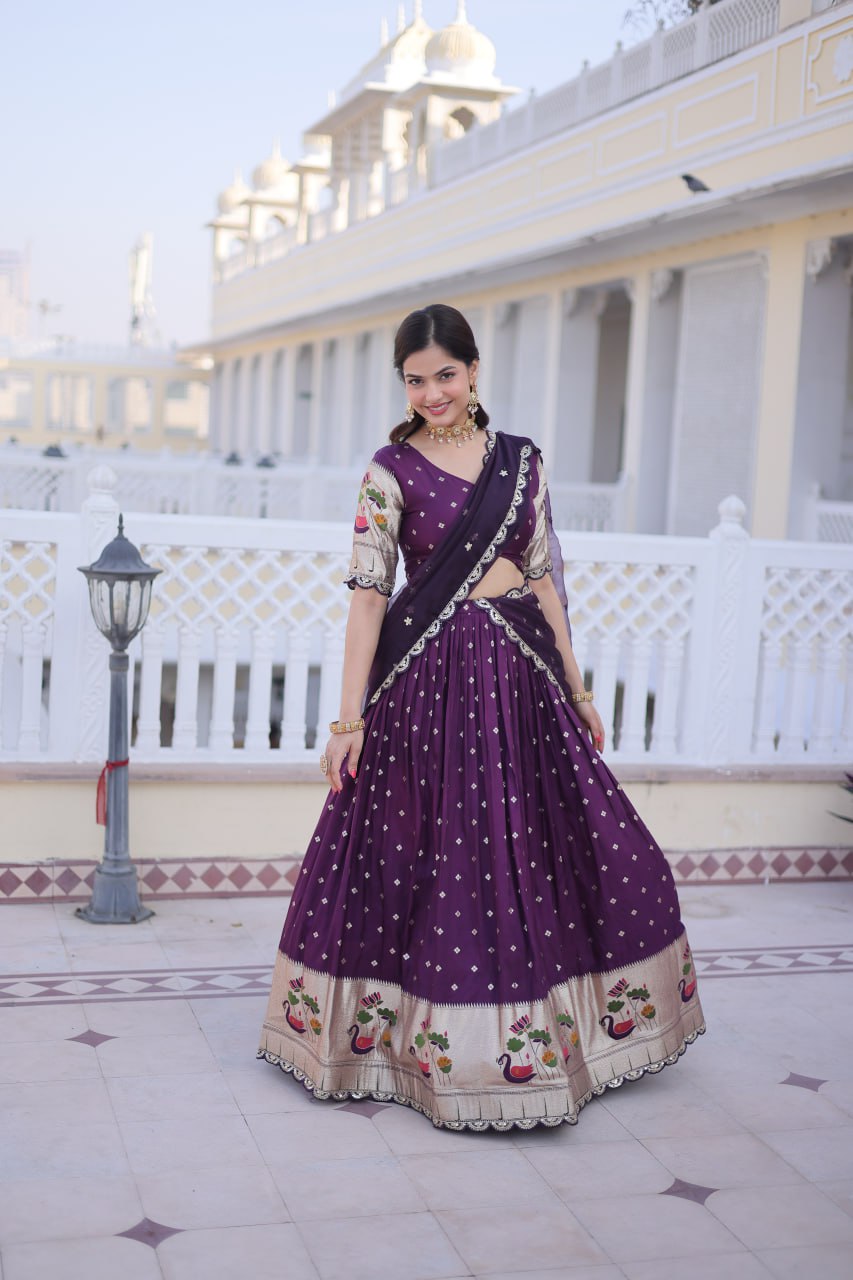Elegant Three-Piece Traditional Lehenga Choli Set with Dupatta in Pink and Wine