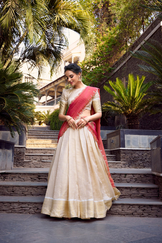 Elegant Golden Jacquard Lehenga Set with Zari Weaving and Sequined Shimmer Dupatta