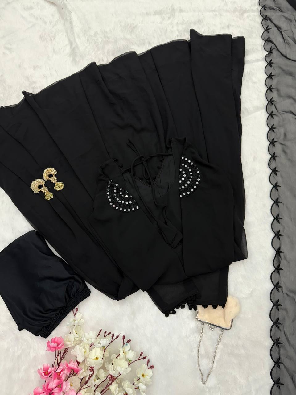 RangBhoomi Black Georgette Anarkali Set with Mirror Embroidery — Eid Special