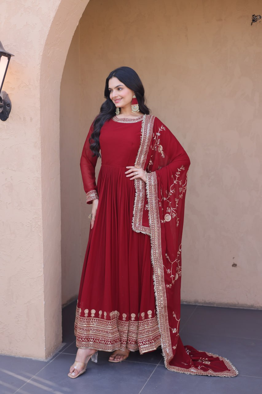RangBhoomi Premium Maroon Embroidered Faux Blooming Ready‑Made Gown with Dupatta
