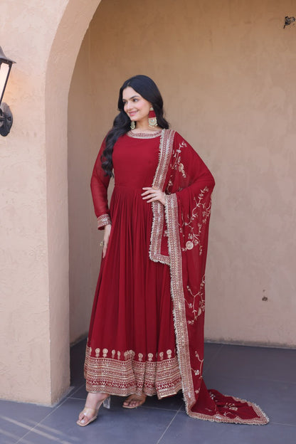 RangBhoomi Premium Maroon Embroidered Faux Blooming Ready‑Made Gown with Dupatta