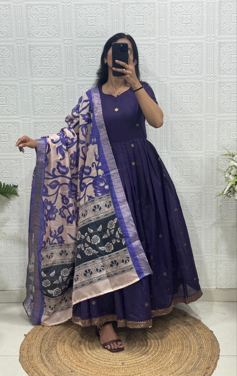 RangBhoomi Jacquard Zari Gown with Soft Silk Dupatta — 3 Colors, Sizes S–XXXL