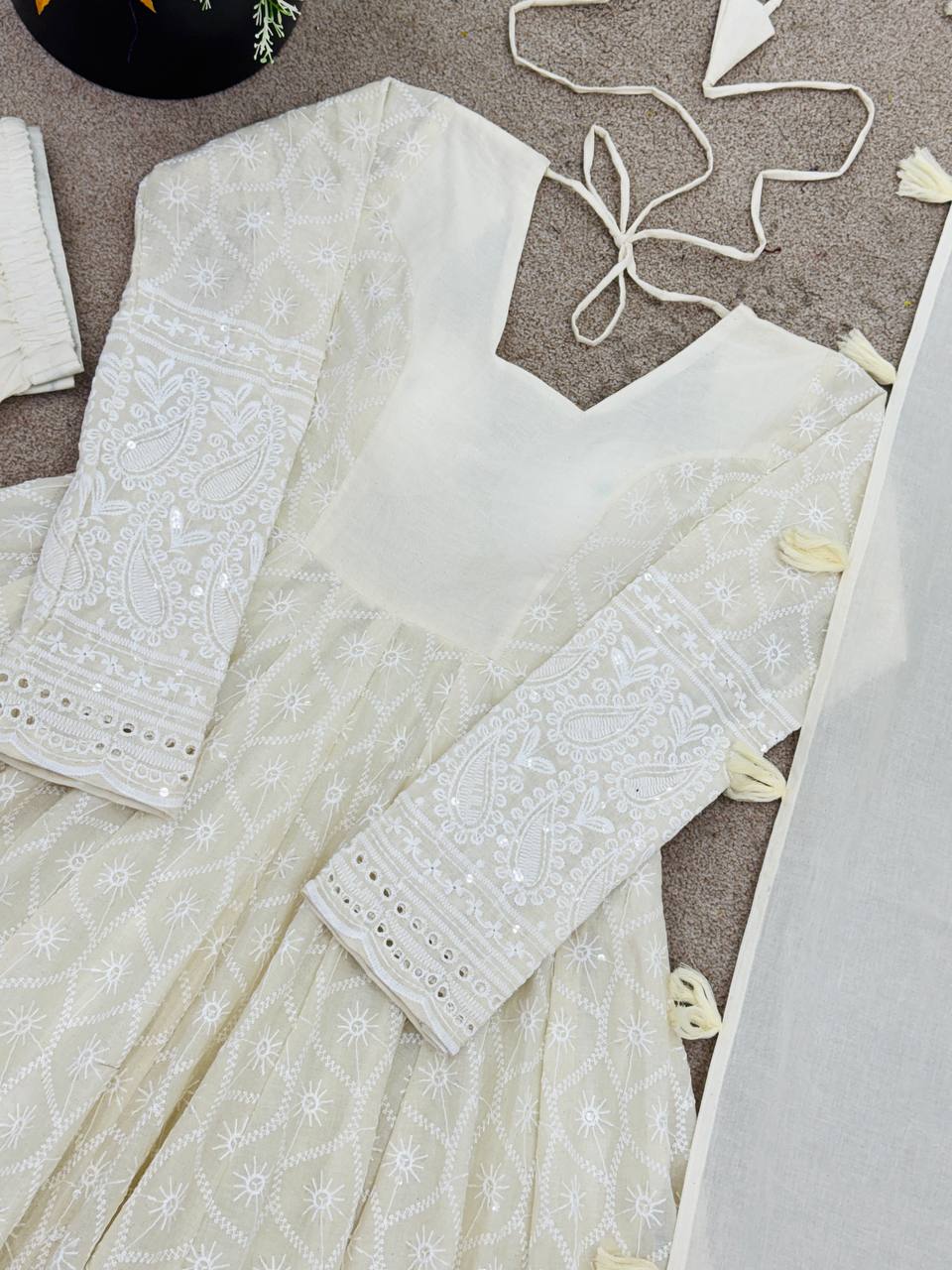 Elegant Anarkali Gown Set with Bottom and Dupatta – Pure Kora Cotton, Fully Stitched, Ready to Wear