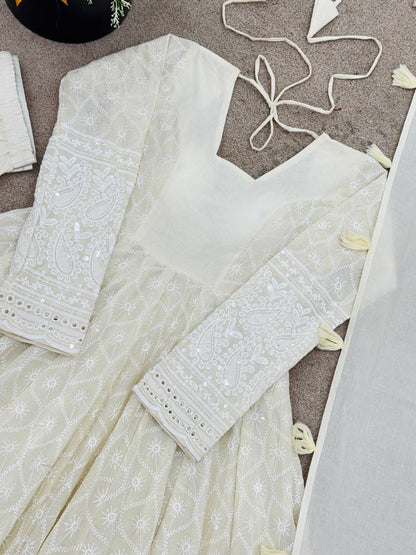 Elegant Anarkali Gown Set with Bottom and Dupatta – Pure Kora Cotton, Fully Stitched, Ready to Wear