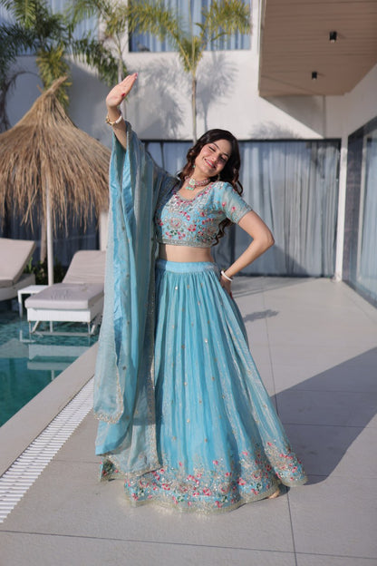 Elegant Lehenga Choli and Dupatta Ensemble in Fendi Silk with Multi-Thread Embroidery