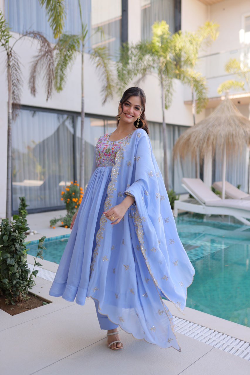 Elegant Premium Ready-to-Wear Gown Set with Pants and Dupatta - Beaded Mal Chanderi Embroidery