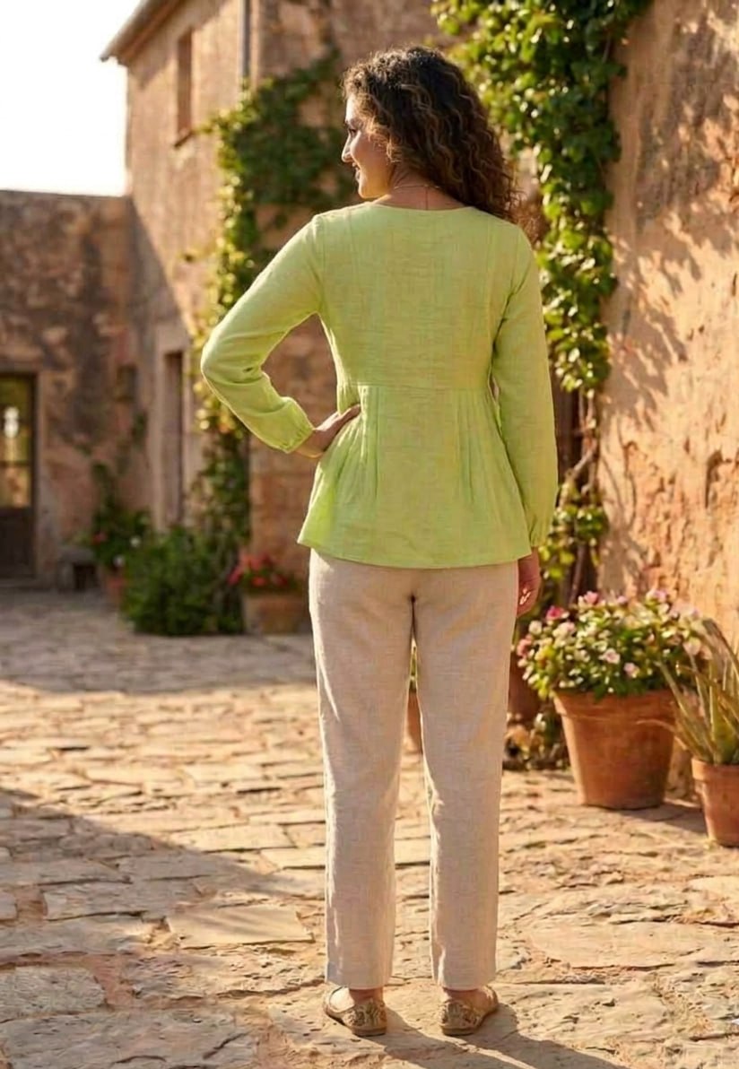RangBhoomi Elegant Linen Cotton Top and Pant Set – Full-Sleeve Frill Stitch Top with Elastic Waist Pants in Parrot, Peach, and Yellow