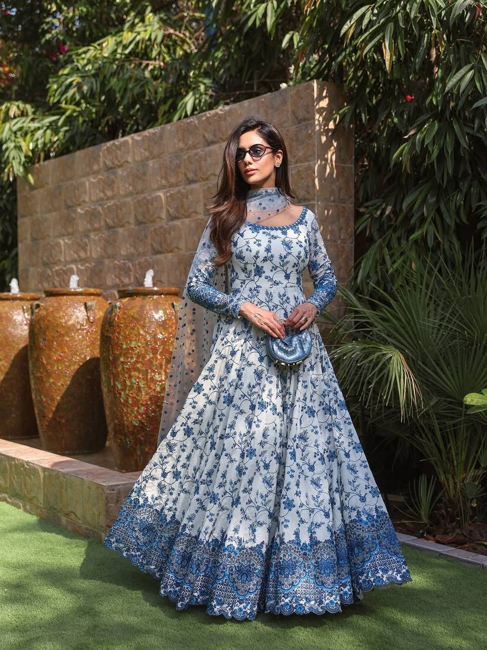 Elegant Party Wear Heavy Faux Georgette Gown with Organza Dupatta and Micro Cotton Bottom Set