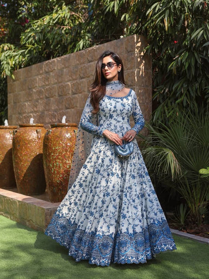 Elegant Party Wear Heavy Faux Georgette Gown with Organza Dupatta and Micro Cotton Bottom Set