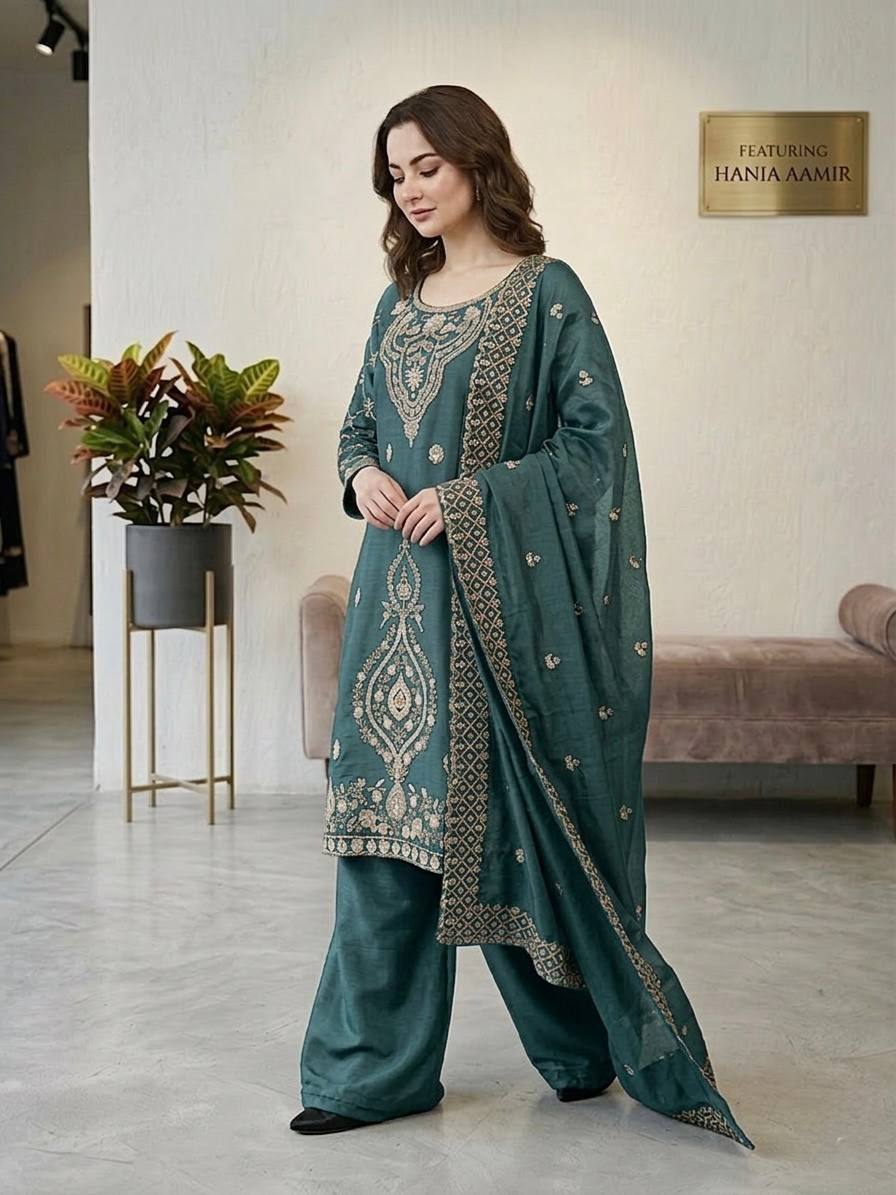 Elegant Designer Party Wear Top, Palazzos, and Dupatta Set with Intricate Heavy Embroidery and Beaded Detailing
