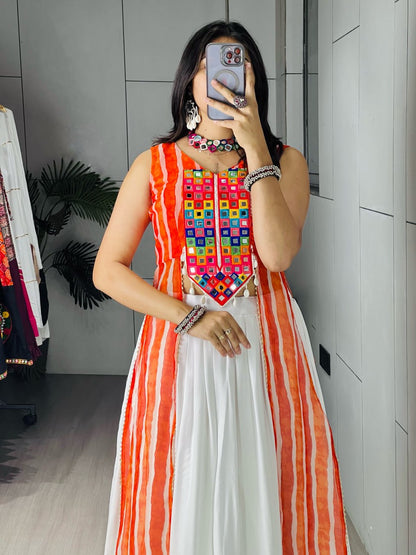 RangBhoomi Kesariya Leheriya Kurti with White Flared Lehenga Set - Festive Mirror & Gota Work