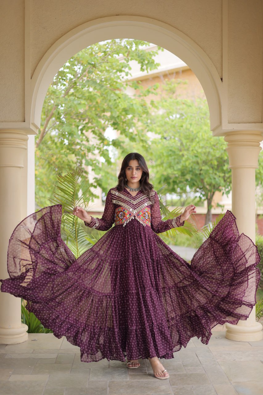 RangBhoomi Bandhani & Kutchi Patchwork Faux Georgette Gown — Navratri Special