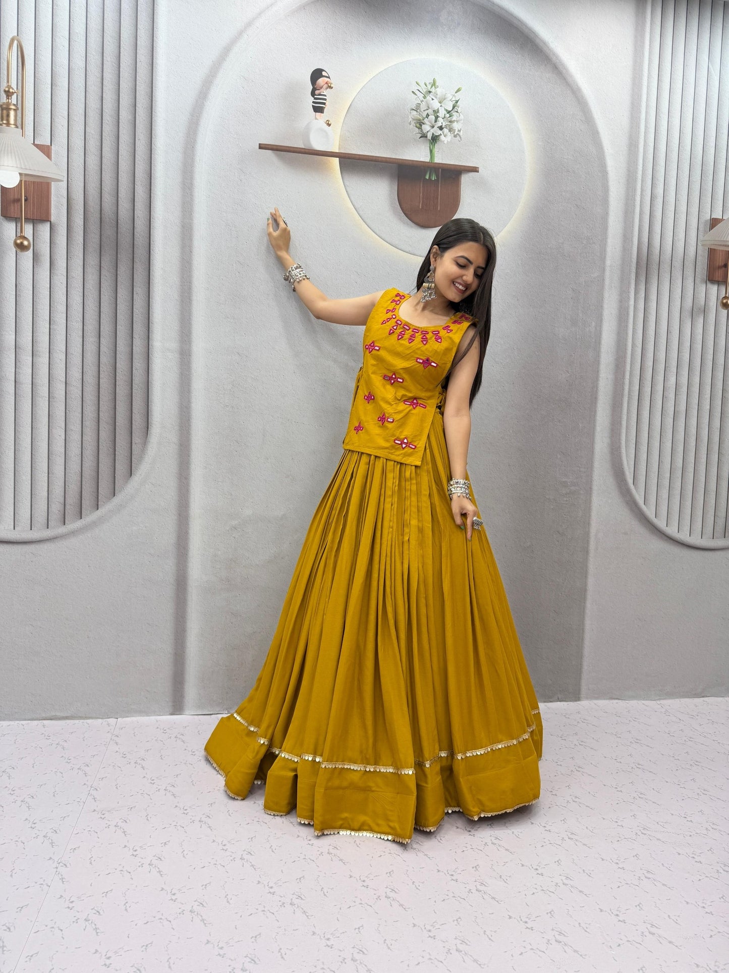 RangBhoomi Navratri Special Rion Cotton Lehenga Choli with Mirror Jacket - Fully Stitched, 6m Flair