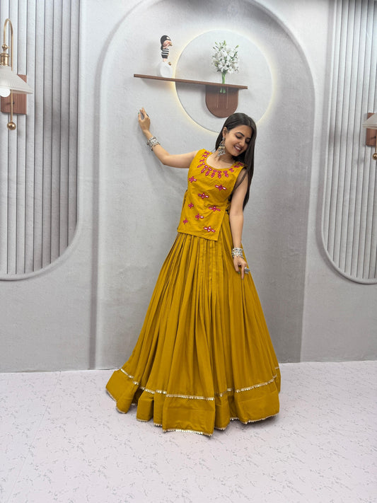 RangBhoomi Navratri Special Rion Cotton Lehenga Choli with Mirror Jacket - Fully Stitched, 6m Flair