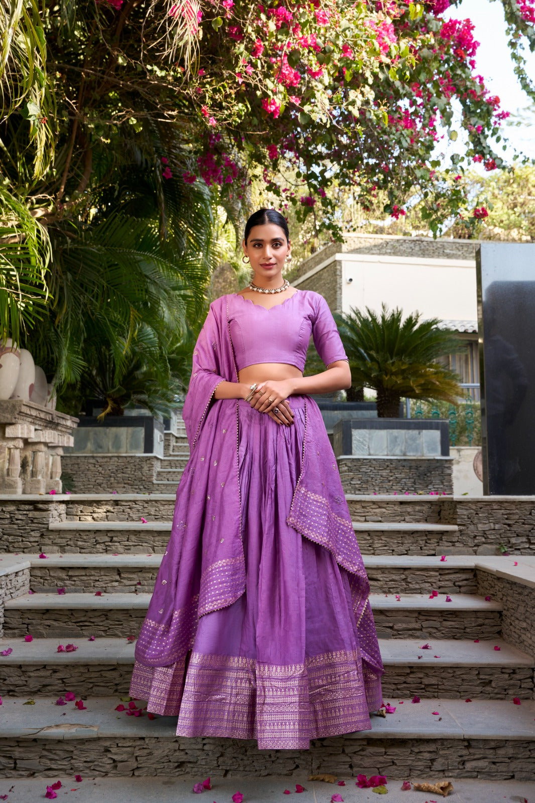 Elegant Pure Chanderi Lehenga Set with Exquisite Zari Work Border and Sequin-Embellished Dupatta