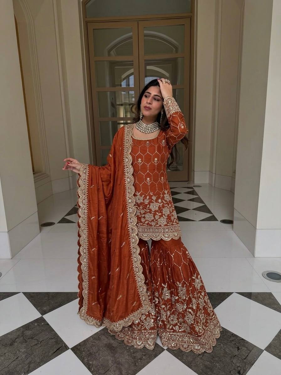 Elegant Sharara Set in Luxurious Heavy GMY Silk with Intricate Mirror and Sequins Embroidery – Top, Bottom, and Dupatta Ready to Wear by RangBhoomi