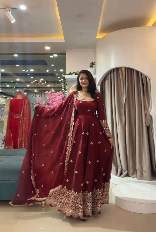 RangBhoomi Exclusive Designer Party Wear Collection – Elegant Two-Tone Silk Gown with Embroidery and Pearl Accents