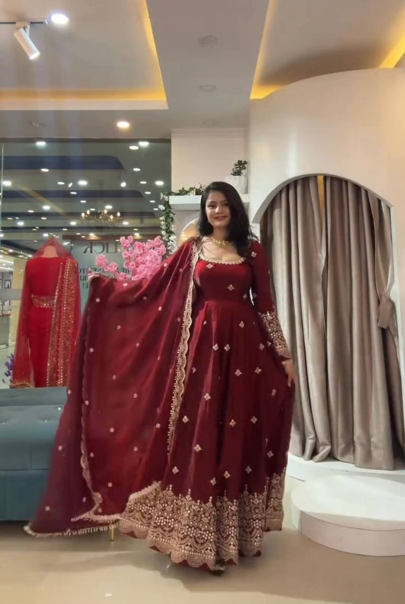 RangBhoomi Exclusive Designer Party Wear Collection – Elegant Two-Tone Silk Gown with Embroidery and Pearl Accents