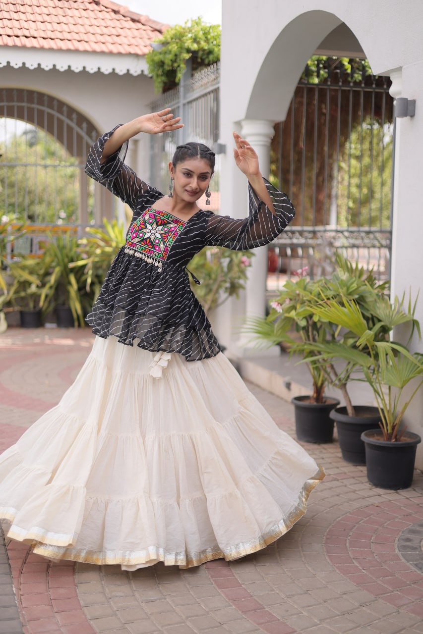 RangBhoomi Navratri Lehenga Choli Set — Kora Cotton Frill with Laheriya Print