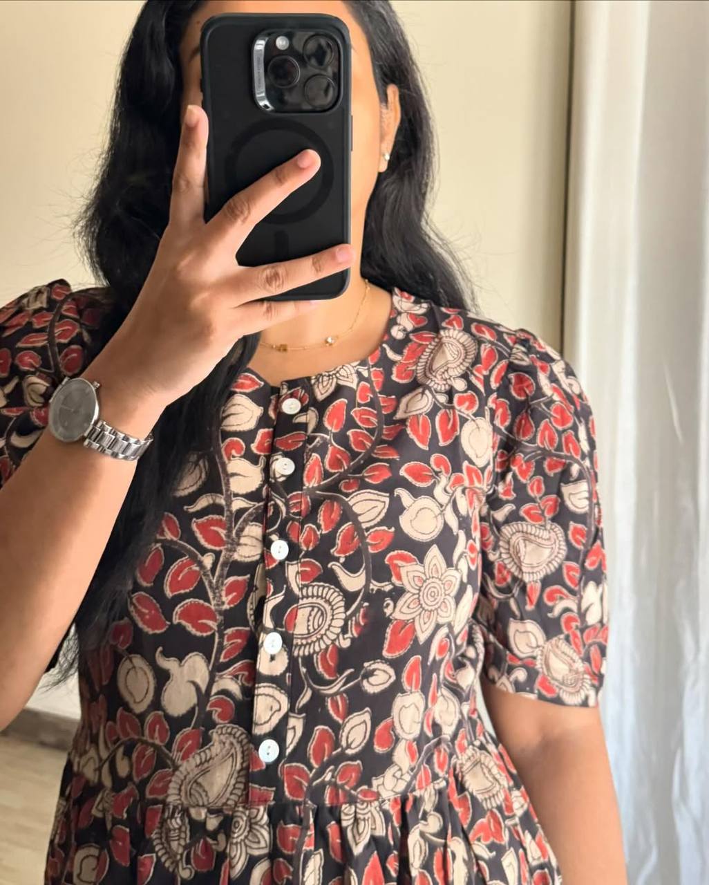 Close up detail showing the unique Kalamkari print on this maxi dress.