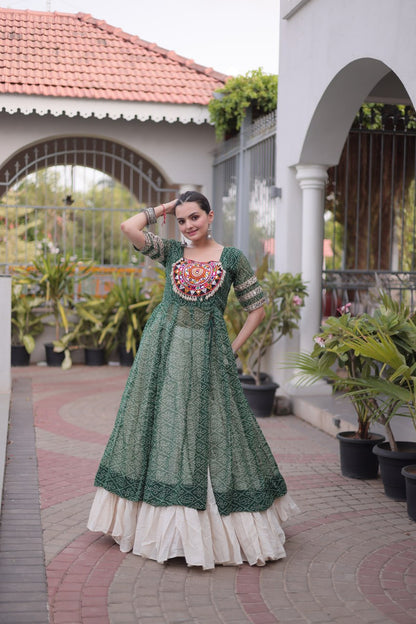 RangBhoomi Navratri 2026 Bandhani Lehenga Set — Full-Stitched Kora Cotton Lehenga with Faux Georgette Kurti