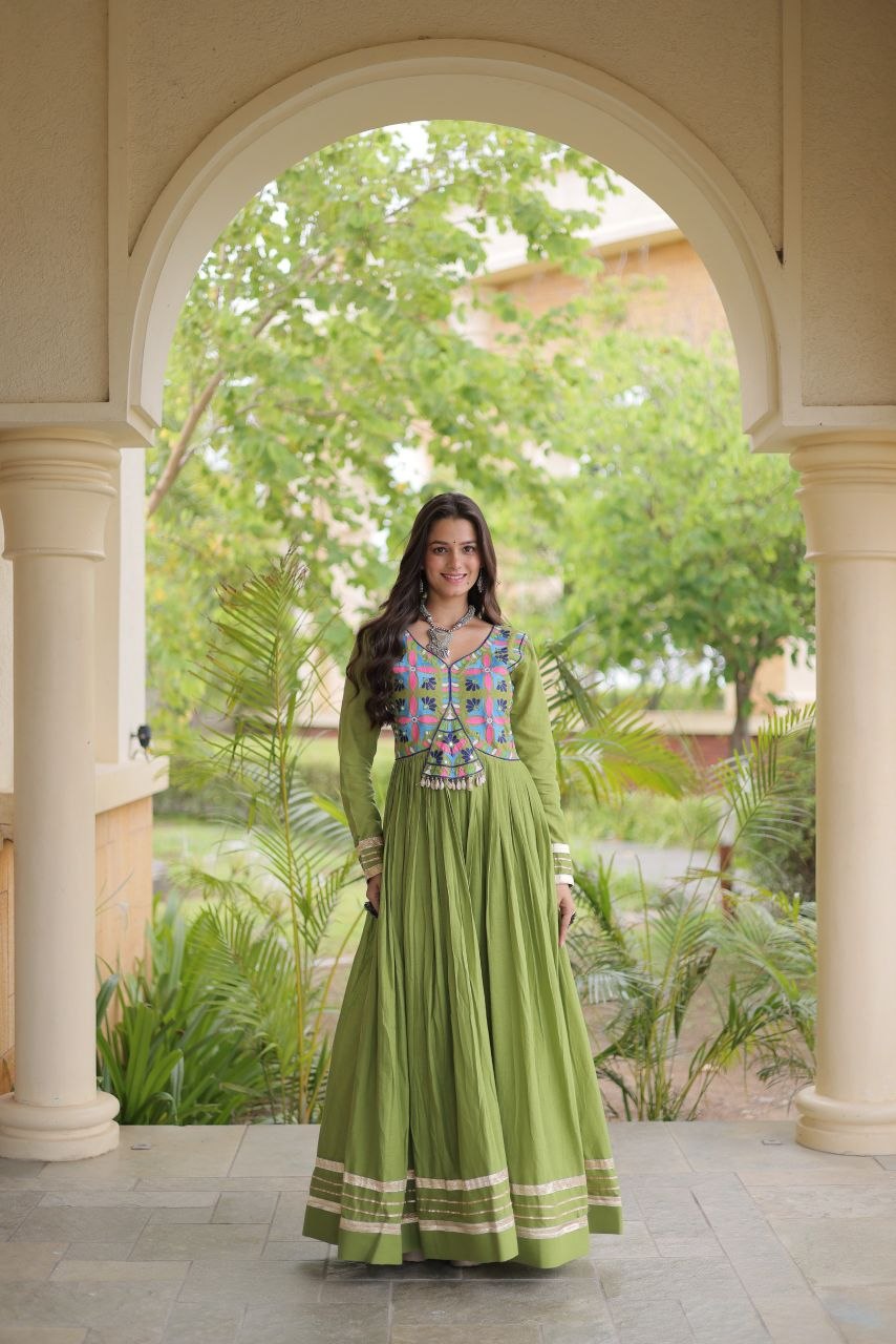 RangBhoomi Navratri Embroidered Kora Cotton Gown — Parrot & Off-White
