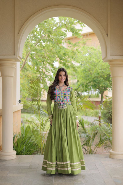 RangBhoomi Navratri Embroidered Kora Cotton Gown — Parrot & Off-White