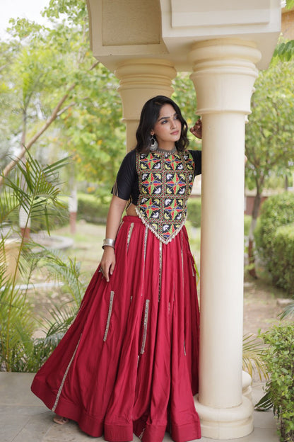 RangBhoomi Navratri Reflective Rayon Lehenga Set with Mirror & Gota Lace (Black, Maroon, White)