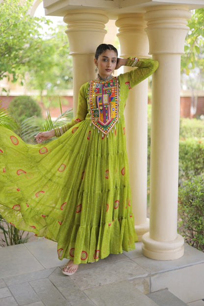 RangBhoomi Bandhani & Kutchi Patchwork Faux Georgette Gown — Navratri Collection 2026